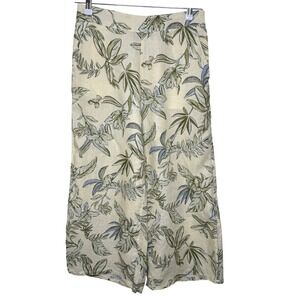 Tahari Wide Leg Linen Cropped Pants Medium Yellow Leaf/Floral Print